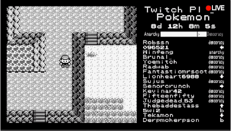 Moving gif of Twitch Plays Pokemon, where Twitch chat inputing commands to a pokemon video game