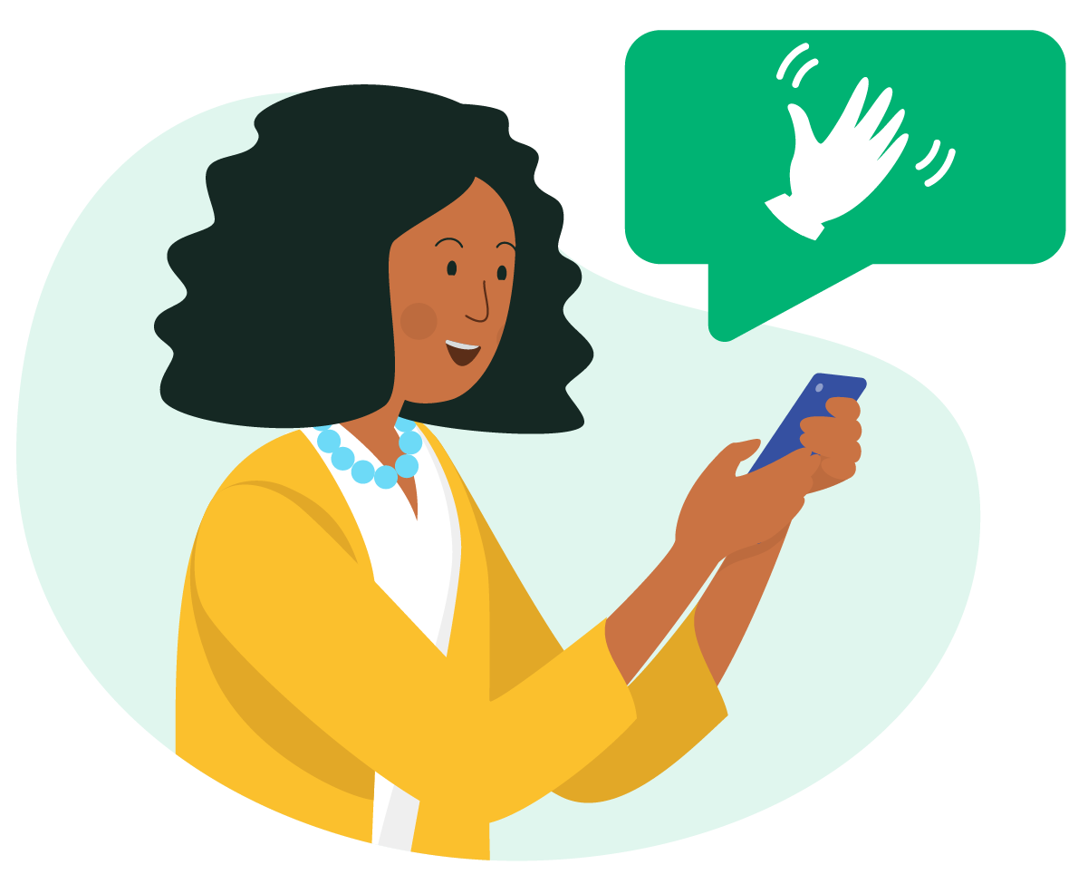 illustration of a woman holding a phone and sending a wave emoji