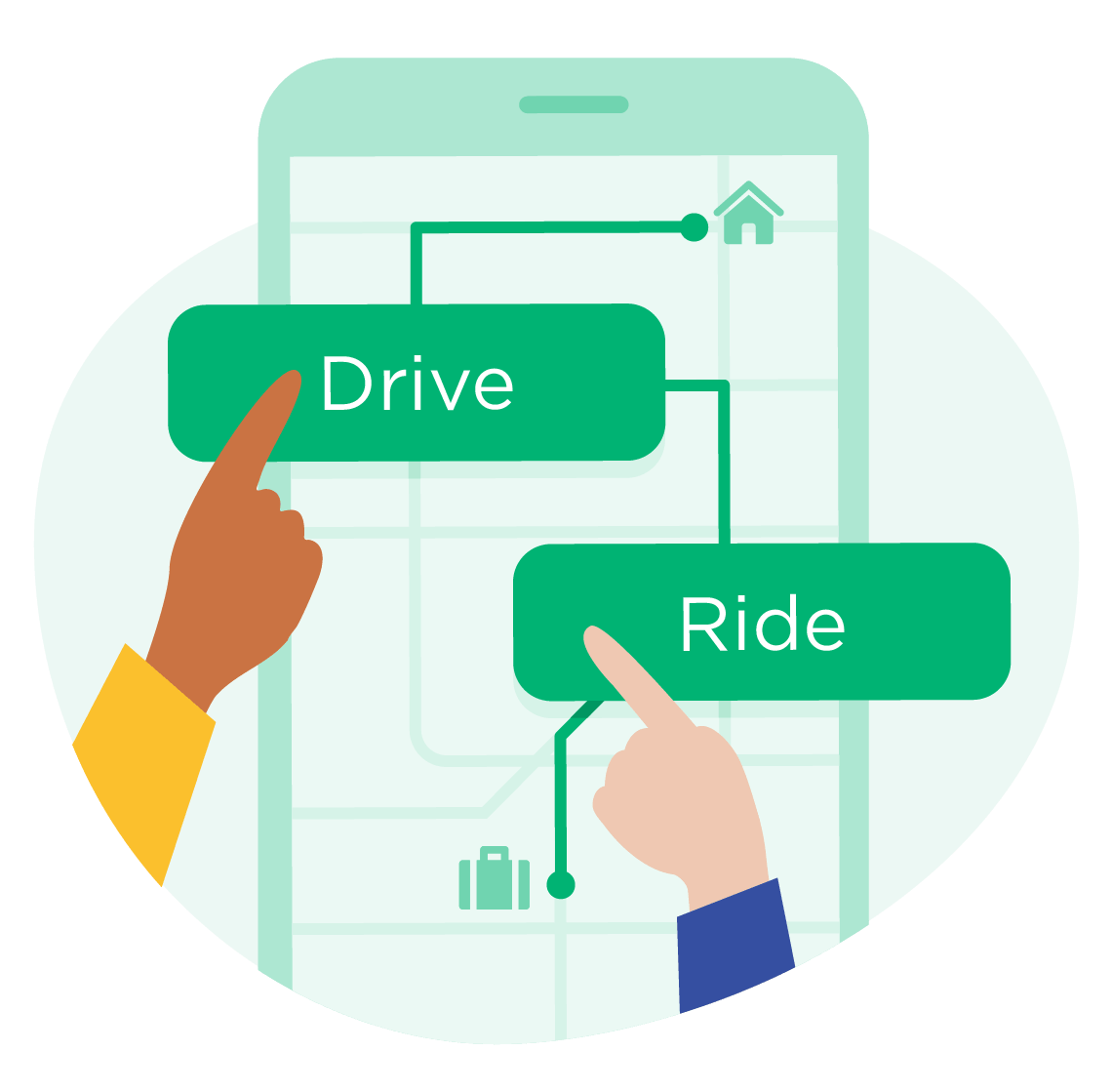 illustration of the sccoop app and two people selecting Ride or Drive