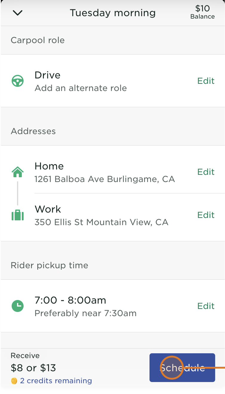 a screenshot of Scoop app with the scheduling page including times to schedule a ride and price