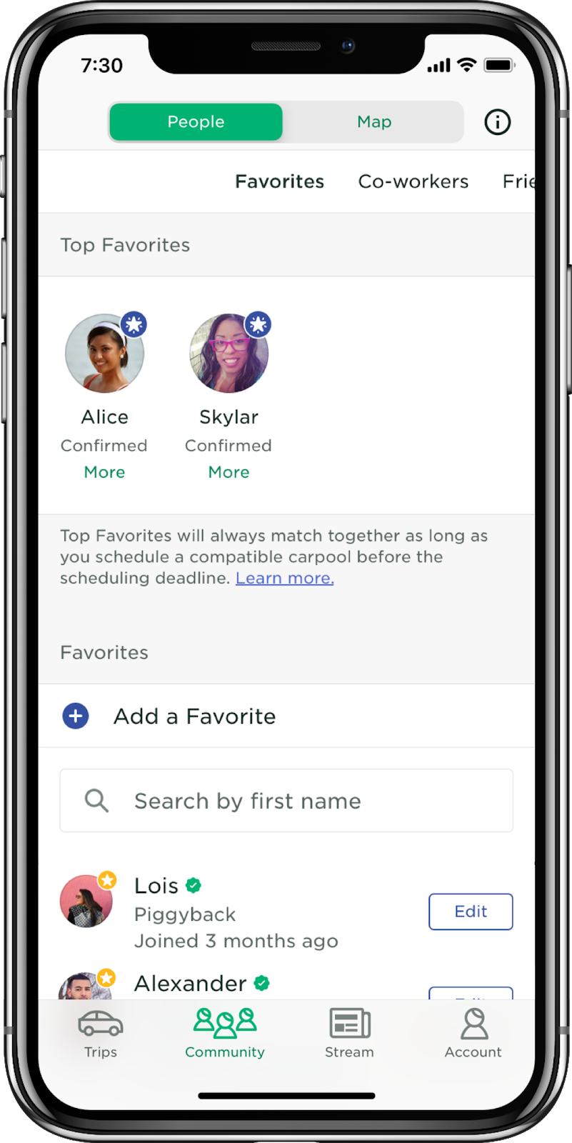 a screenshot of the final Top Favorites landing page with two carpoolers listed and no add additional person button, with instructions on how to schedule
